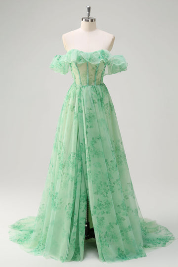 Green A Line Off The Shoulder Corset Ruffled Print Long Formal Dress with Slit